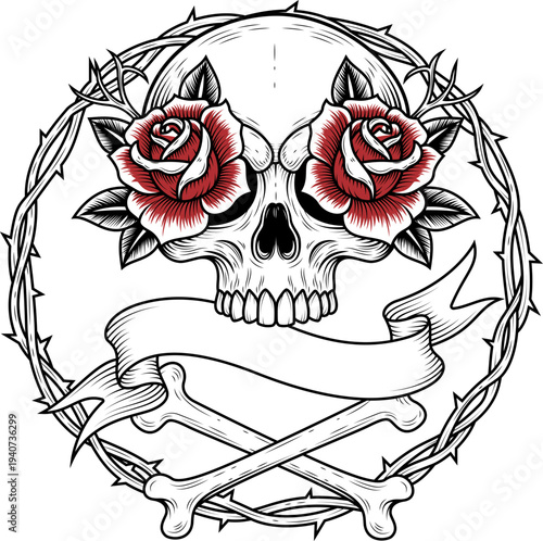 Skull Rose Tattoo Style T-Shirt Design - Vintage gothic skull with roses and crossed bones surrounded by thorn wreath in tattoo style.