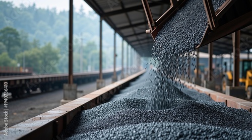 Coal loading from conveyor belt into train carriage. Industrial mining activity and heavy machinery operation. Bulk raw material transportation for energy production and logistics.