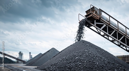 Coal falling onto pile from industrial conveyor belt. Mining equipment transporting fuel at plant. Resource production and energy sector operations, infrastructure technology, mining process.