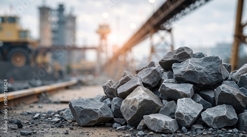 Pile of granite stones at a quarry site. Bulk material for construction and road building. Heavy industry landscape with rock mining equipment in background. Industrial geology concept.