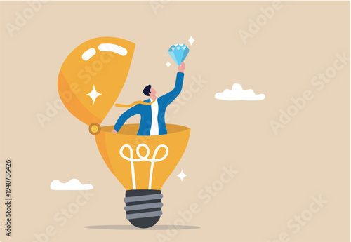 Business value, discover opportunity or benefit from idea, quality measurement or search for brilliant idea worth concept, businessman discover valuable priceless diamond from bright lightbulb idea