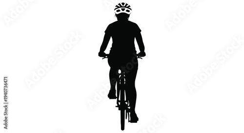 A striking black silhouette depicts a cyclist riding a bicycle facing forward against a plain white background silhouette high quality professional