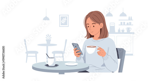A young woman with brown hair sits at a round cafe table, holding a white coffee cup and looking at her smartphone.
