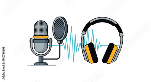 A colorful illustration of microphones headphones and sound waves presenting audio equipment in silhouette high quality professional detailed modern elegant stylish