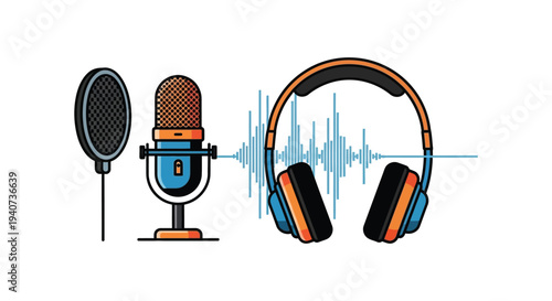 A colorful illustration depicts a microphone headphones and sound waves showcasing audio technology in a unique silhouette high quality professional detailed