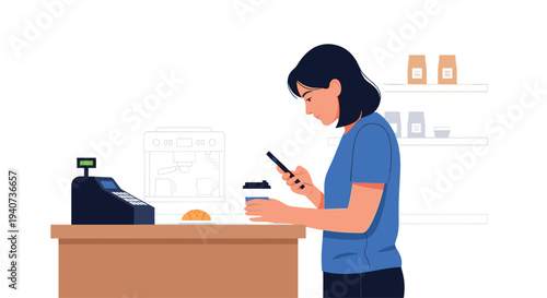 A woman in a blue t-shirt stands at a wooden counter, holding a coffee cup and looking at her smartphone near a cash register.