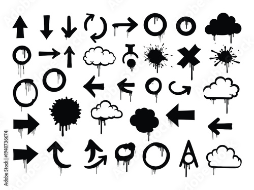 Collection of diverse weather and directional icons in black and white style
