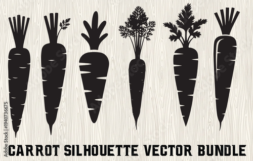 silhouette bundle of five fresh carrots isolated on white vector design , carrot set collection pack bundle black shape icon silhouette vector flat illustration design on white background 