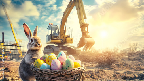 Easter rabbit and basket full of colorful Easter eggs inside a construction site with construction machinery in the background. Concept of Easter celebration during working.