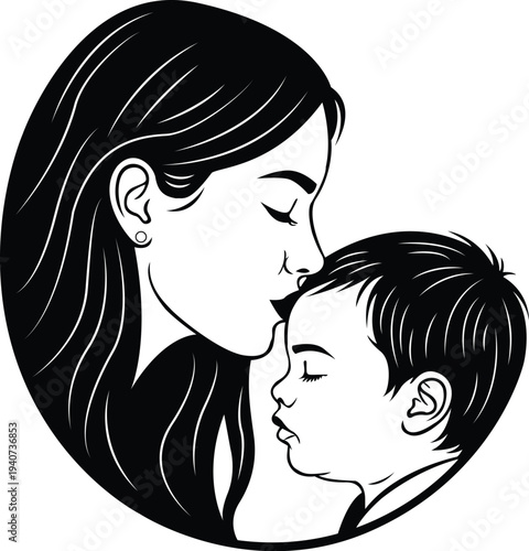 Mother kissing her child forehead silhouette illustration of maternal love and car