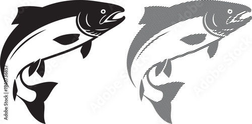 Two stylized illustrations of fish swimming in opposite directions with crosshatching patterns.