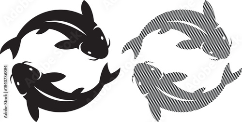 Two contrasting koi fish designs swirling in opposite directions on a plain background