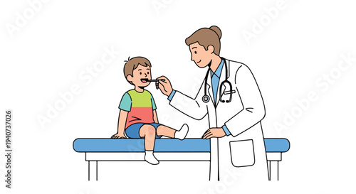 A doctor in a white coat examines a young boy's mouth while he sits on a blue medical examination table in a flat 2D post-pandemic health checkup scene.