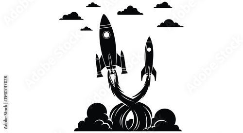A dynamic illustration depicts two rockets launching upwards amidst swirling smoke and fluffy clouds a striking silhouette high quality professional detailed