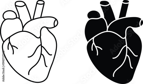 Human heart anatomical icon set in line art and solid black silhouette style