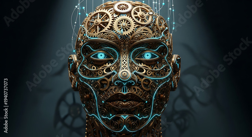 Intricate steampunk robotic human head with glowing blue circuitry and detailed gears symbolizing artificial intelligence technology and mechanical engineering advanced creation