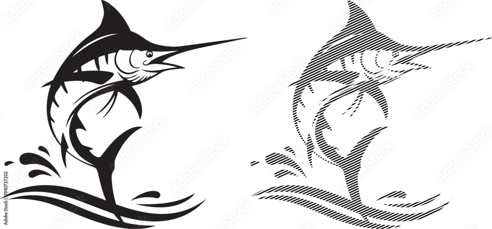 Obraz premium Graceful marlin fish leaping through ocean waves in artistic line drawing style