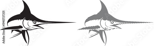 Comparison of stylized marlin and sailfish silhouettes in black and white line art