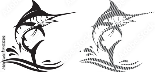 Graceful marlin fish leaping through ocean waves in artistic line drawing style