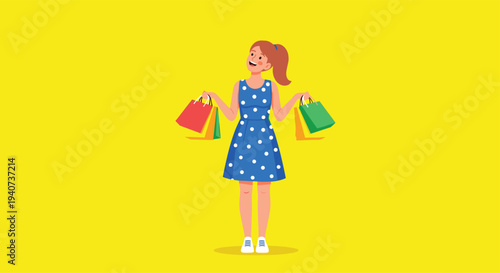 A cheerful young woman in a blue polka-dot dress is holding several red and green shopping bags against a vibrant yellow background.