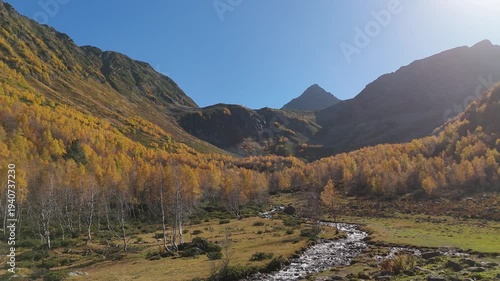 Golden trees line mountain valley. Clear stream winds through grassy meadow. Rugged peaks rise under bright blue sky. Sunlight glints off distant mountain slopes