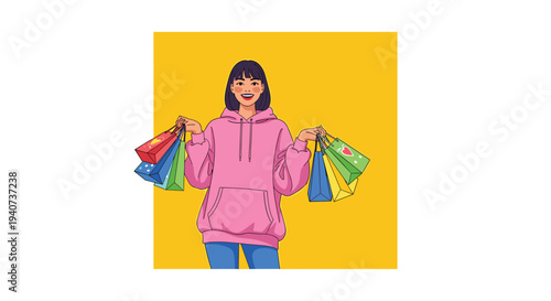 A smiling young woman in a pink hoodie is holding multiple colorful shopping bags against a bright yellow square background.