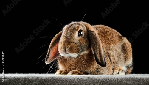 Brown lop-eared domestic rabbit sitting calmly in a studio with black background