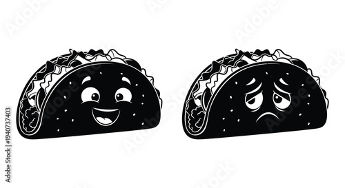 Two black and white tacos with expressive faces one smiling and one frowning presented as a graphic silhouette high quality professional