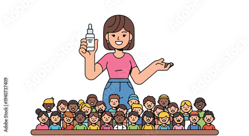 A cheerful woman stands on a platform, holding a bottle and gesturing to a diverse crowd of people in a colorful, flat 2D illustration with a social influence theme.