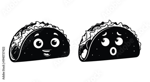 Two cartoon tacos with expressive faces are presented in a minimalist black and white style a charming silhouette high quality professional detailed modern