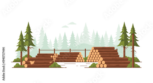 Two distinct piles of light brown logs are scattered across a flat, light brown ground with sparse green bushes, backed by a fence and misty green pine trees.