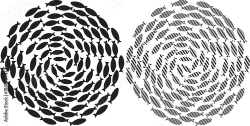 Intricate spiral patterns composed of small black and white segments on a plain background