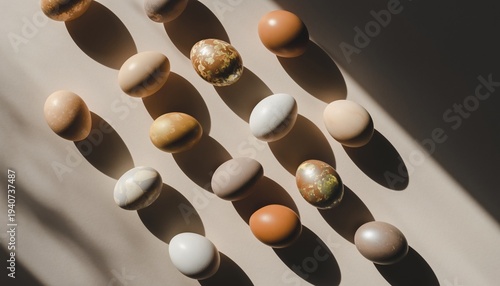 Varied natural toned eggs with long shadows on minimal beige surface