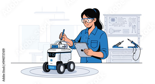 A woman in a blue shirt works with a robot in an office setting, holding a pen and clipboard with a flat 2D illustration style.
