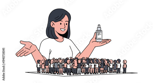 A smiling woman with dark hair holds a bottle and gestures towards a diverse crowd of people standing below her in a flat 2D illustration with a social media influence theme on a white background.