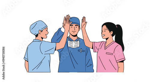 Flat 2D illustration of three healthcare workers in post-pandemic health setting giving high-fives with a worker in the center wearing blue scrubs