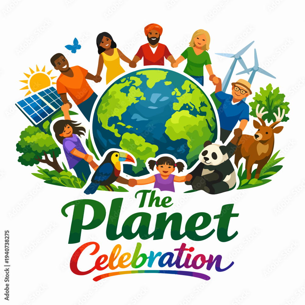 Fototapeta premium Joyful The Planet Celebration logo with people surrounding Earth, symbolizing unity, equality, and shared global responsibility inspired by environmental awareness and peace