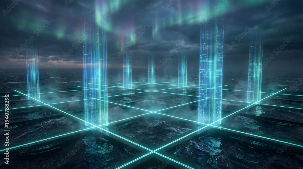Fototapeta premium Futuristic digital grid and data towers over a stormy ocean under a glowing aurora borealis sky, cyberpunk sci-fi concept art.