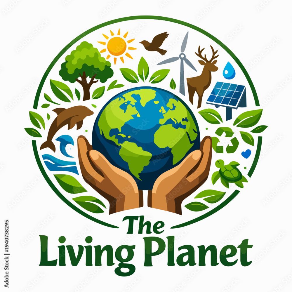 Fototapeta premium Dynamic The Living Planet logo featuring hands holding Earth surrounded by nature, symbolizing biodiversity, responsibility, and compassion fostering global unity and environmental care