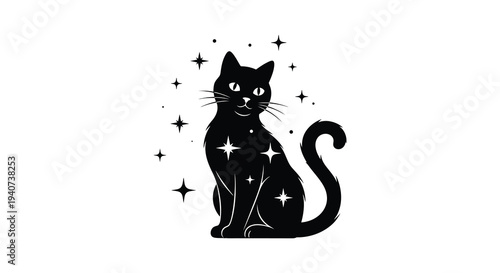 A charming black cat sits gracefully amidst sparkling stars creating a magical and whimsical scene silhouette high quality professional detailed modern