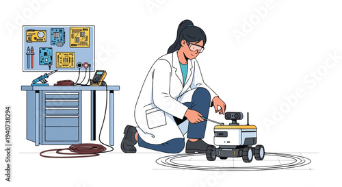 A female scientist in a white lab coat working on a small robotic device in a tech innovation office with flat 2D design elements.