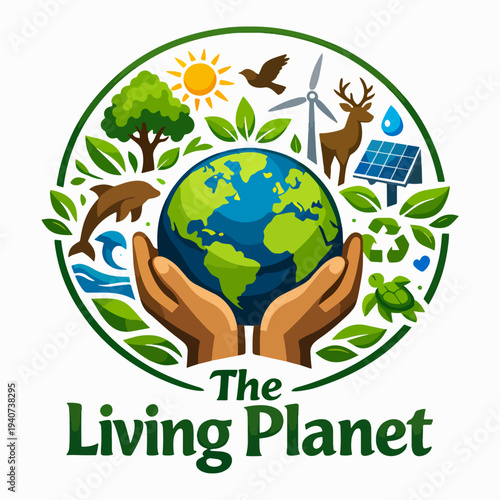 Dynamic The Living Planet logo featuring hands holding Earth surrounded by nature, symbolizing biodiversity, responsibility, and compassion fostering global unity and environmental care