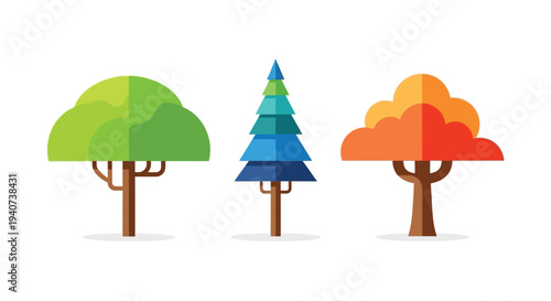 A colorful arrangement of three stylized trees each a different hue and shape depicted as a silhouette high quality professional detailed