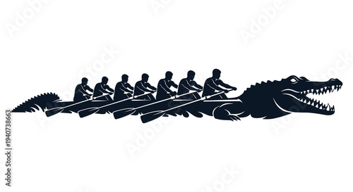 A creative illustration depicts a rowing team whose boat is shaped like an alligator a striking silhouette high quality professional detailed