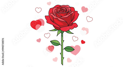 A vibrant red rose is beautifully illustrated with surrounding hearts creating a romantic and symbolic image silhouette high quality professional detailed