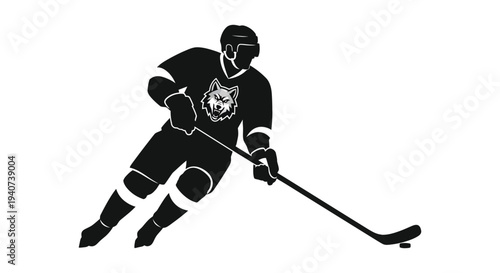 A dynamic black silhouette depicts a hockey player in action clutching a stick showcasing athletic prowess silhouette high quality professional detailed