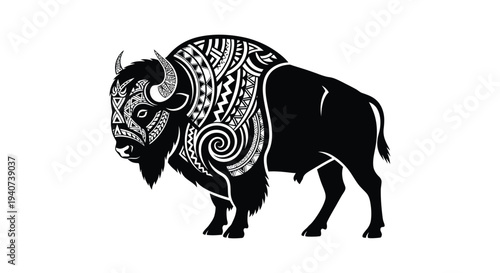 A striking black buffalo illustration featuring intricate tribal patterns across its body presented as a silhouette high quality professional detailed modern