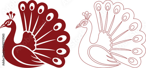 Decorative peacock bird icons set in solid silhouette and line art style