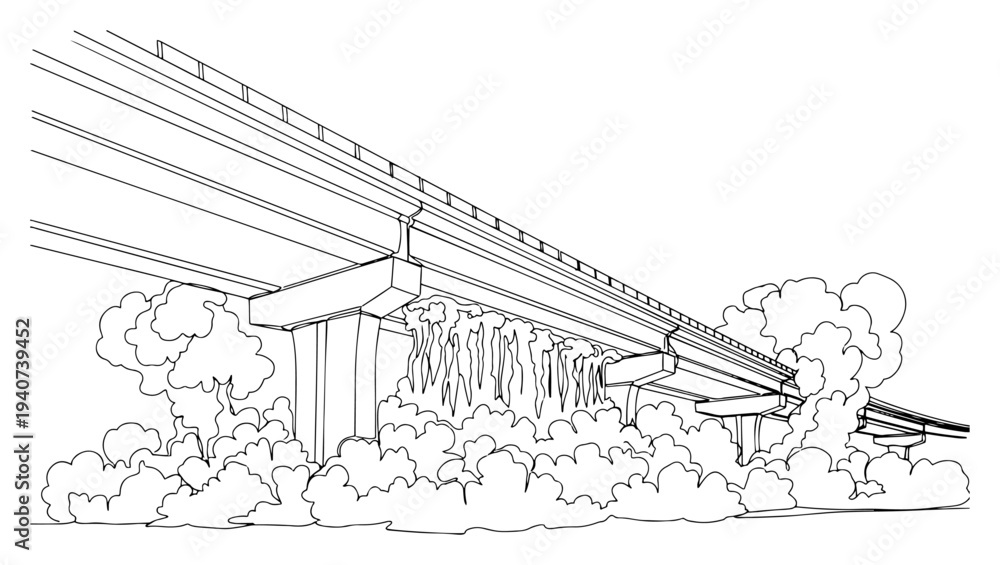 Fototapeta premium Highway bridge overpass with clouds or smoke continuous line drawing, urban infrastructure and transportation