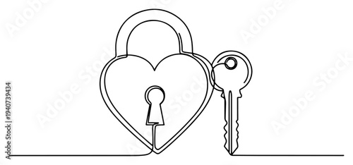 Heart shaped padlock with key continuous line drawing, love security and commitment symbol